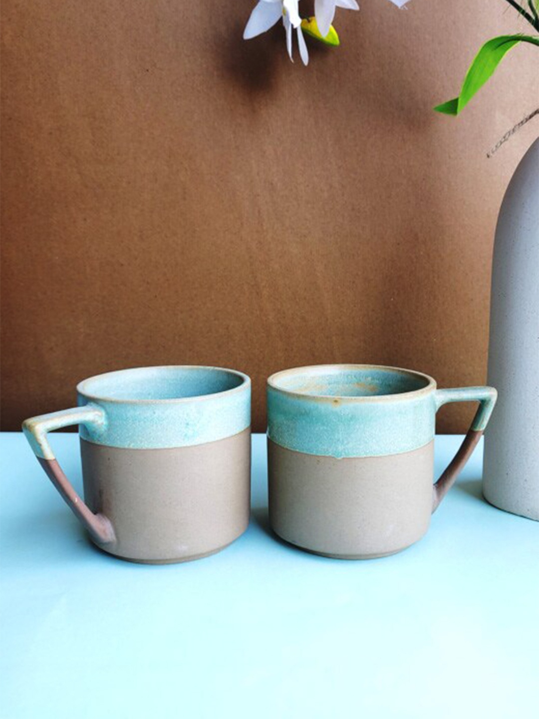 

Folkstorys Blue & Peach-Coloured 2 Pieces Colourblocked Ceramic Matte Mugs