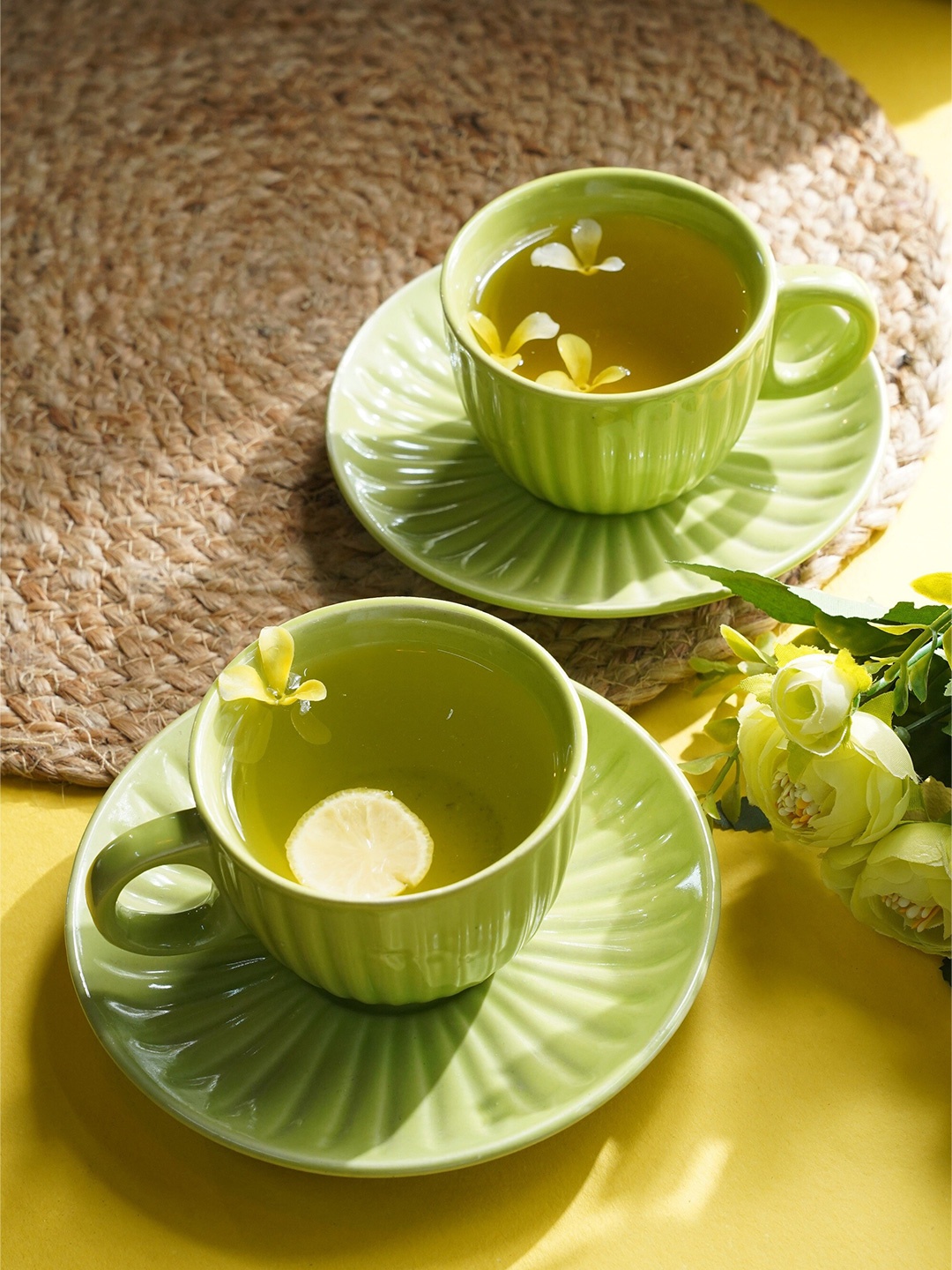 

Folkstorys Goddess Lil Green 2 Pieces Textured Ceramic Glossy Cups and Saucers