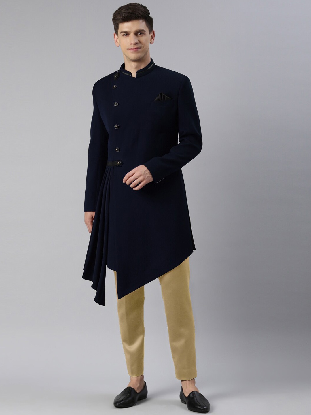 

TheEthnic.Co Drape Detailed Asymmetric Sherwani With Trousers, Navy blue