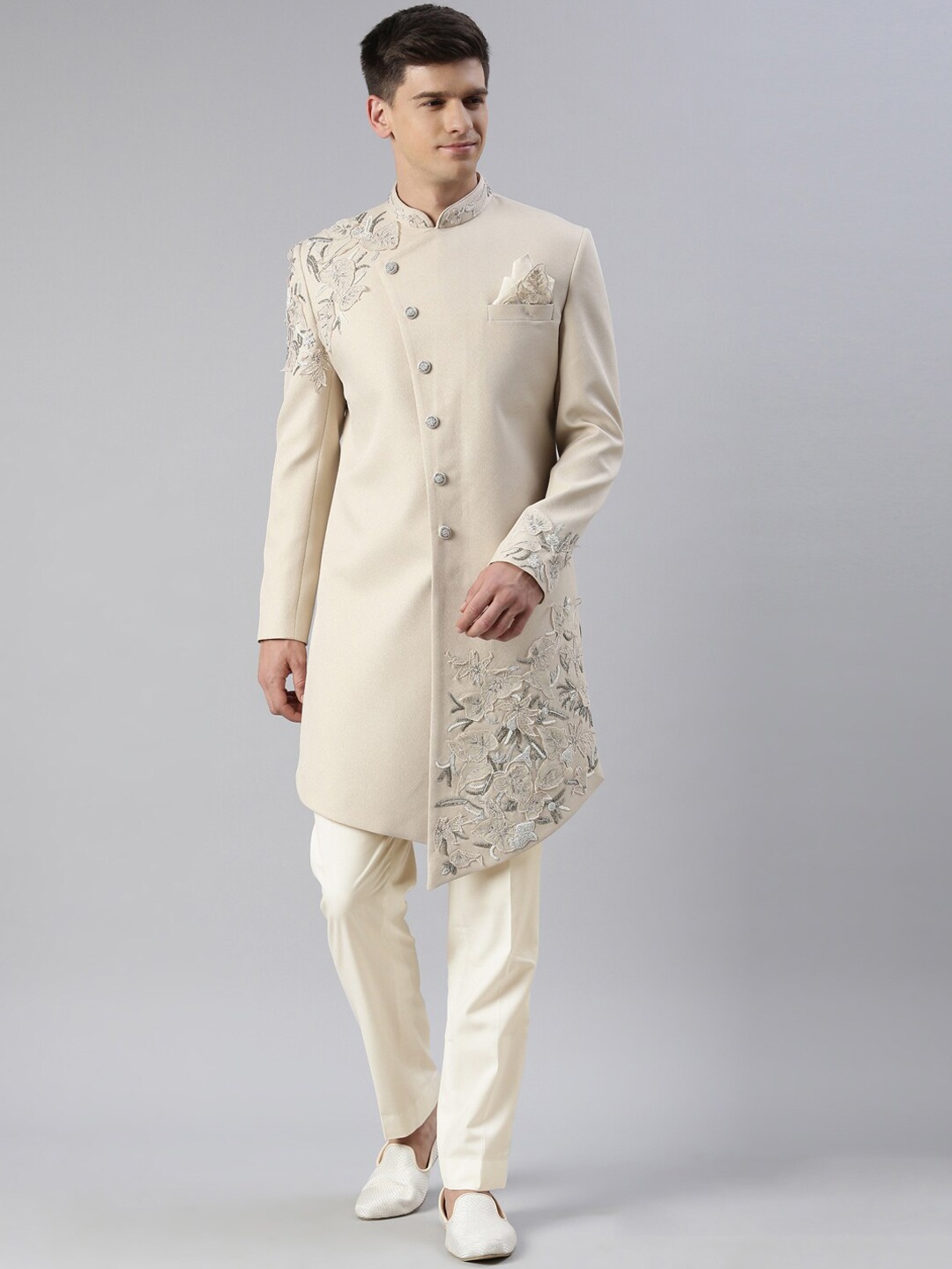 

TheEthnic.Co Embroidered Indowestern Asymmetric Sherwani Set, Cream