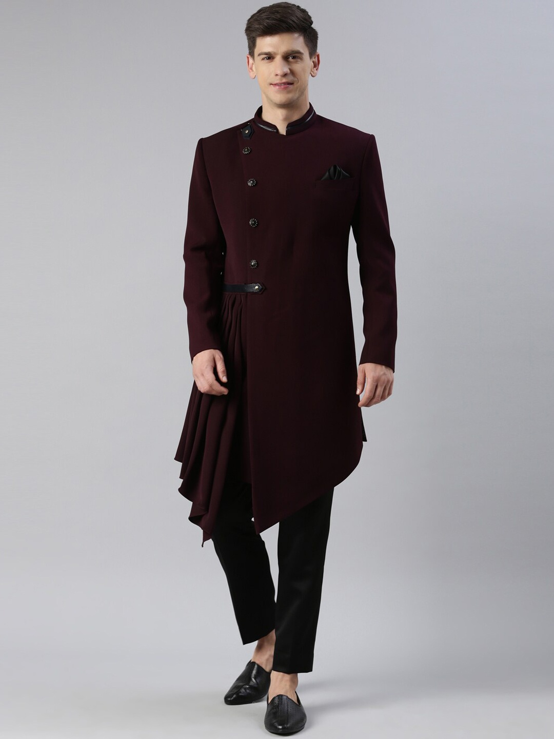 

TheEthnic.Co Asymmetric Pleated Sherwani Set, Purple