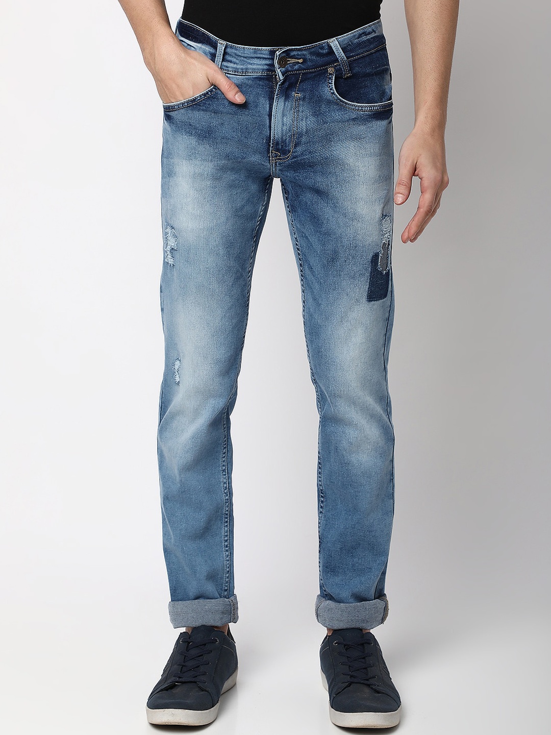 

Mufti Men Slim Fit Low Distress Heavy Fade Whiskers Stretchable Jeans, Blue