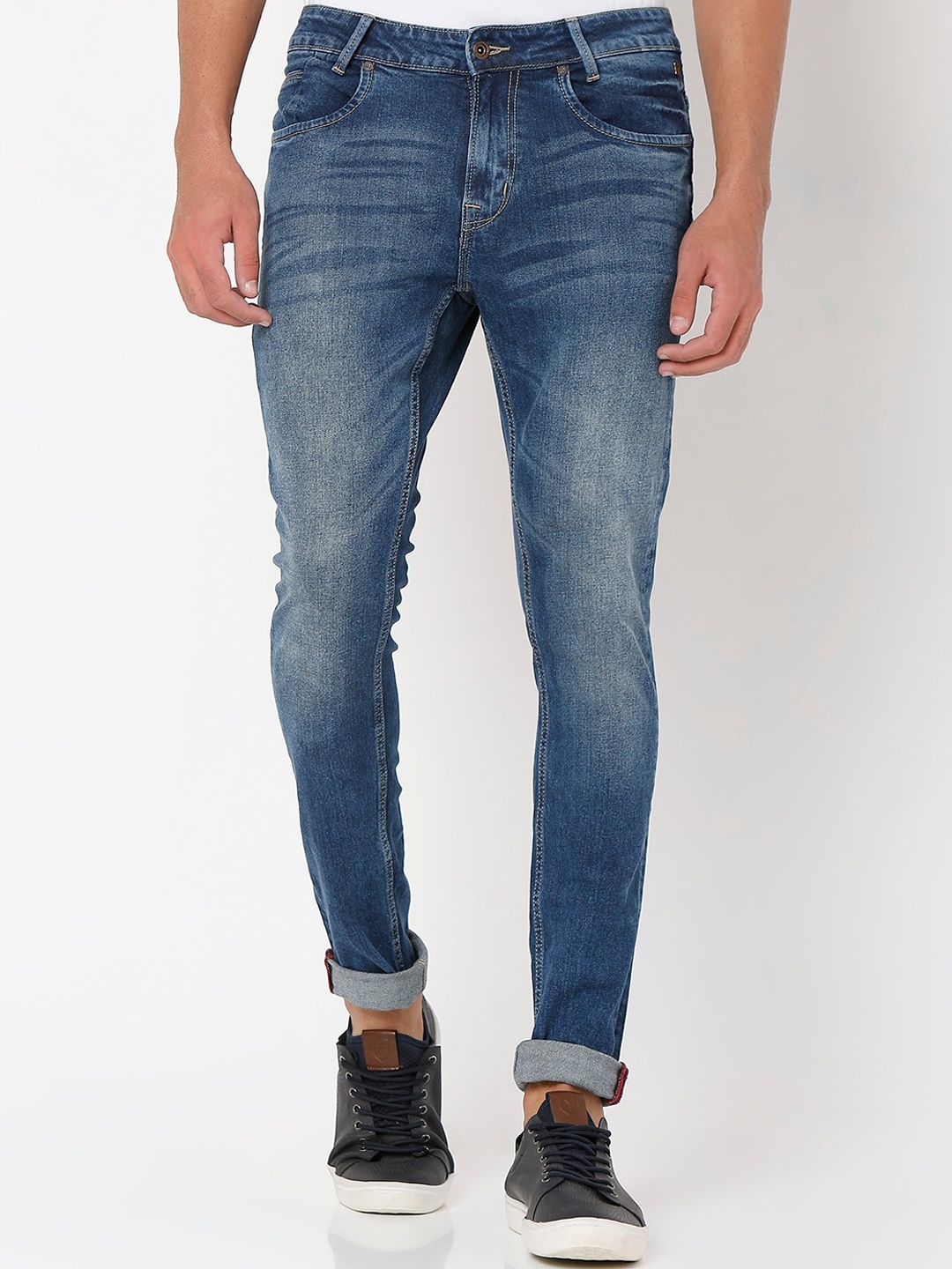 

Mufti Men Skinny Fit Heavy Fade Clean Look Whiskers Stretchable Jeans, Blue