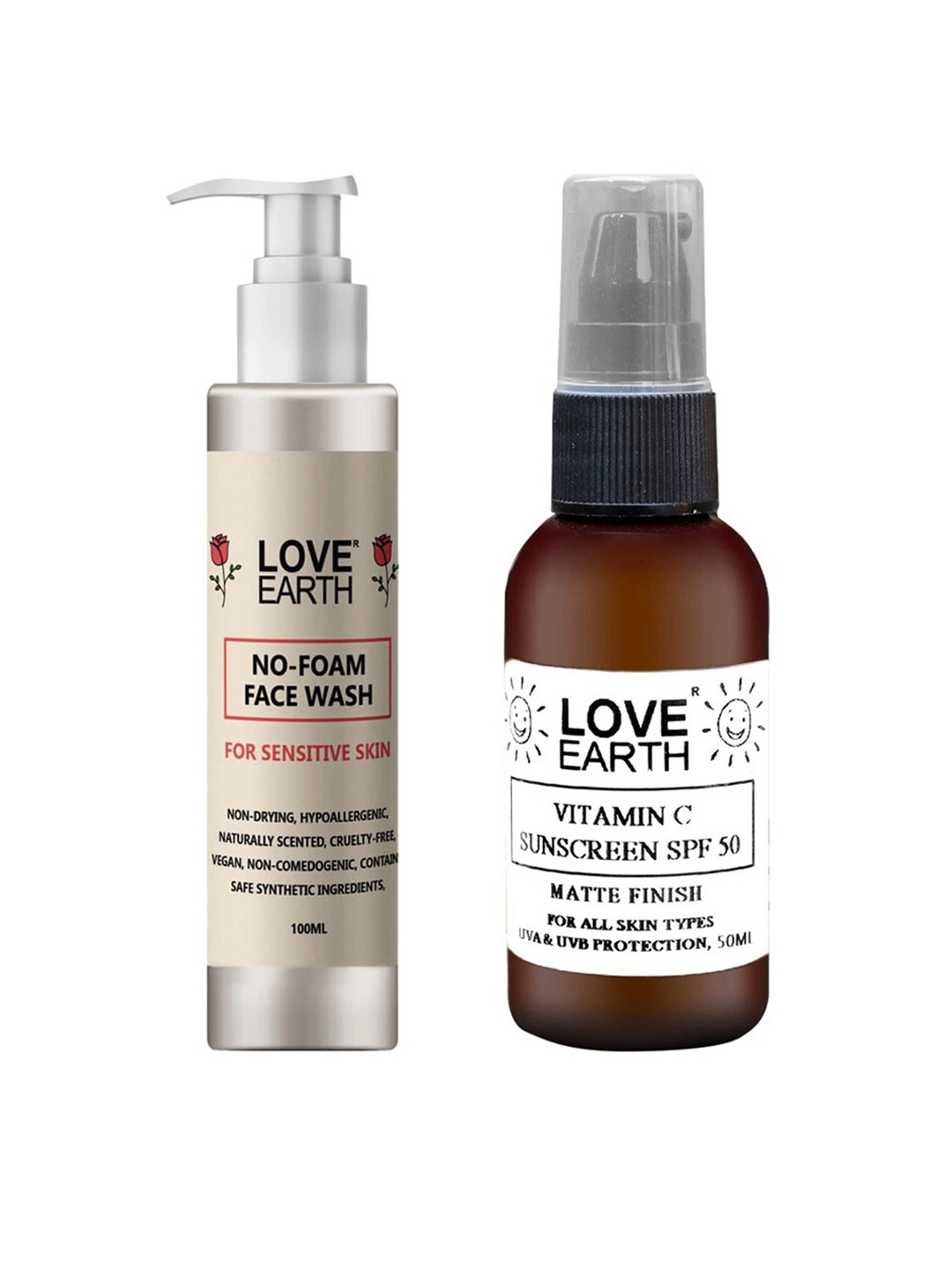 

LOVE EARTH No Foam Sensitive Skin Face Wash 100ml & Vitamin C SPF50 Sunscreen 50ml, Brown