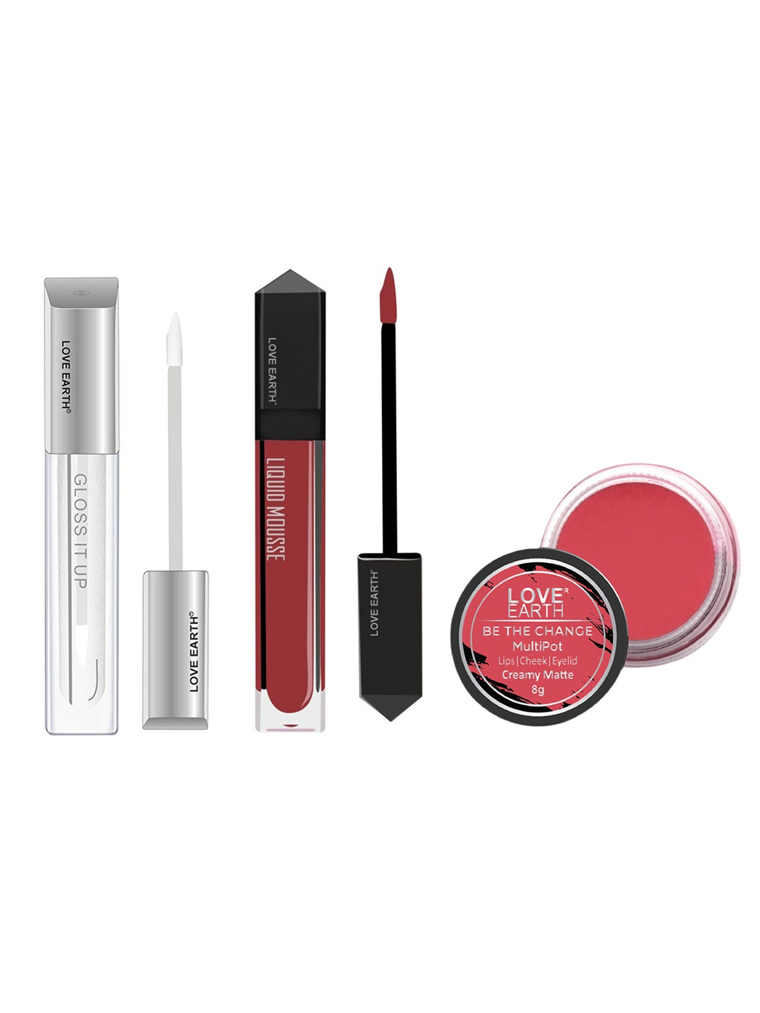 

LOVE EARTH Set of Multipot Lip-Cheek-Eyelid Tint+Mousse Lipstick+Gloss It Up Lip Gloss, Maroon