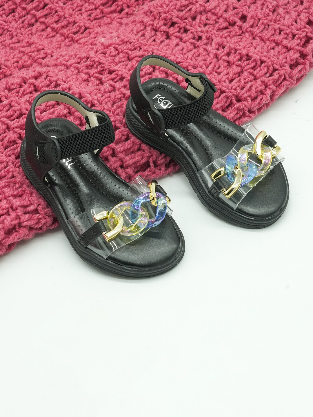 

FEETWELL SHOES Girls Embellished Open Toe Flats, Black