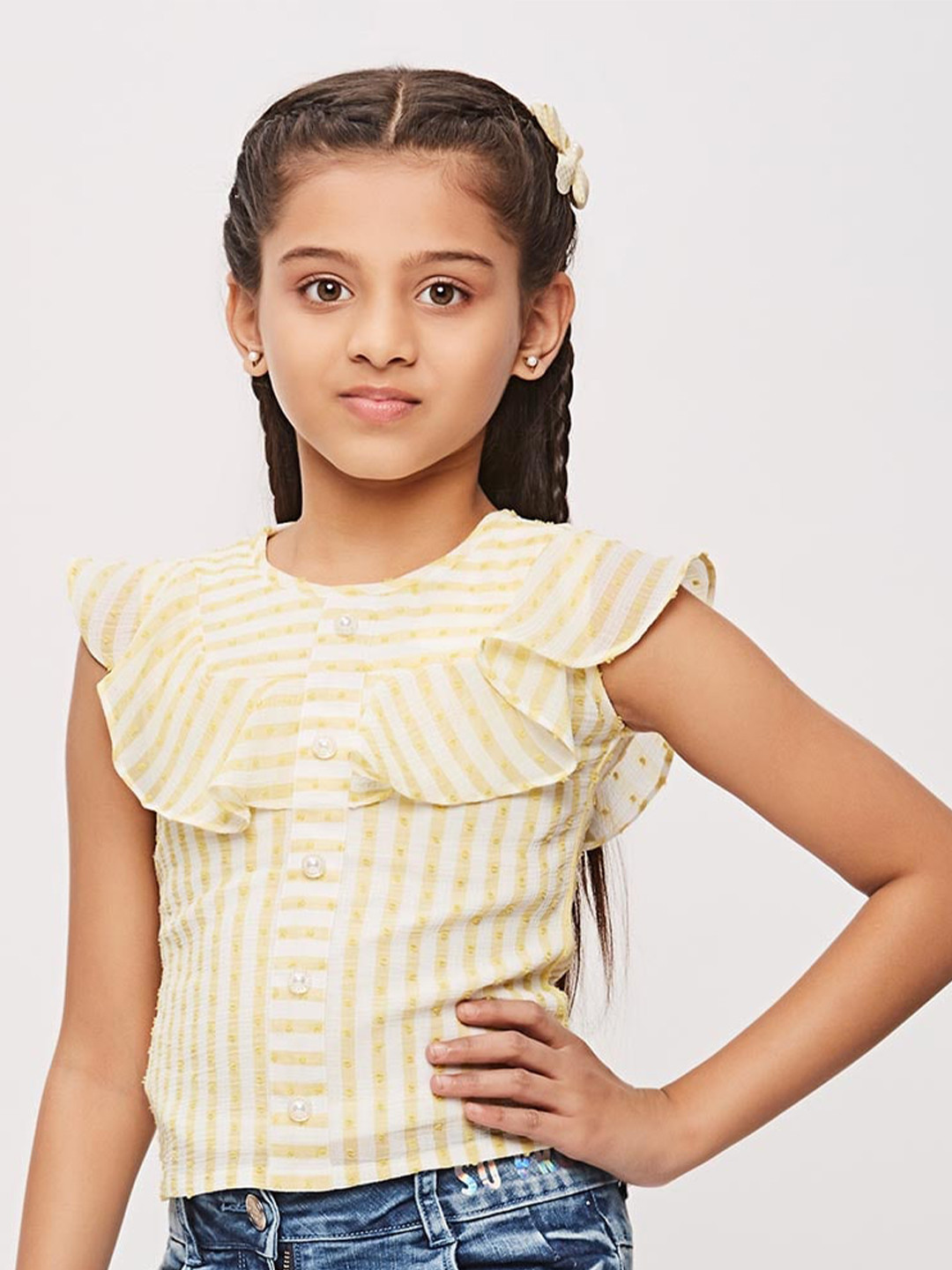 

Tiny Girl Striped Ruffled Cotton Regular Top, Yellow