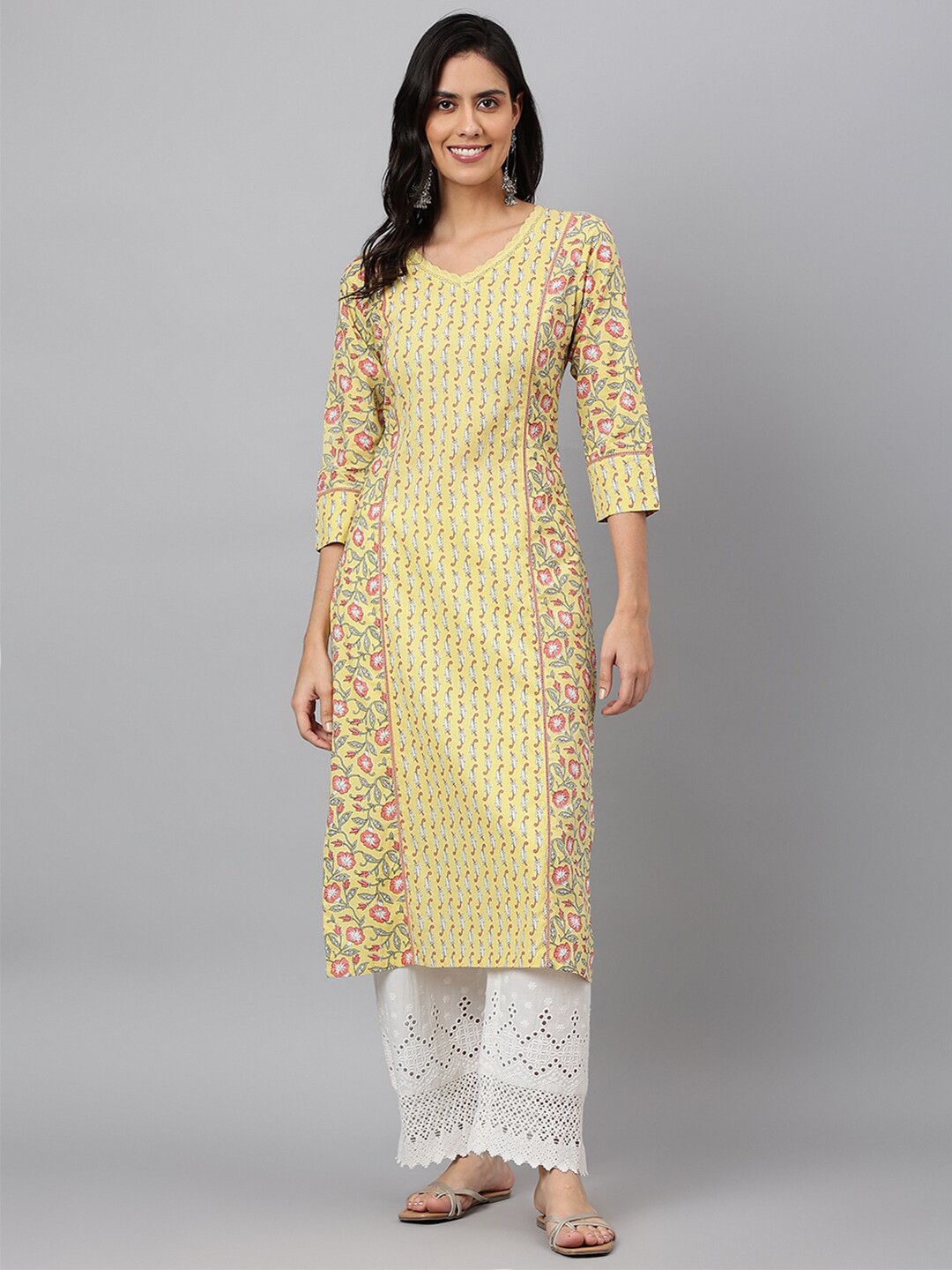 

KALINI Floral Printed V-Neck Pure Cotton Straight Kurta, Yellow