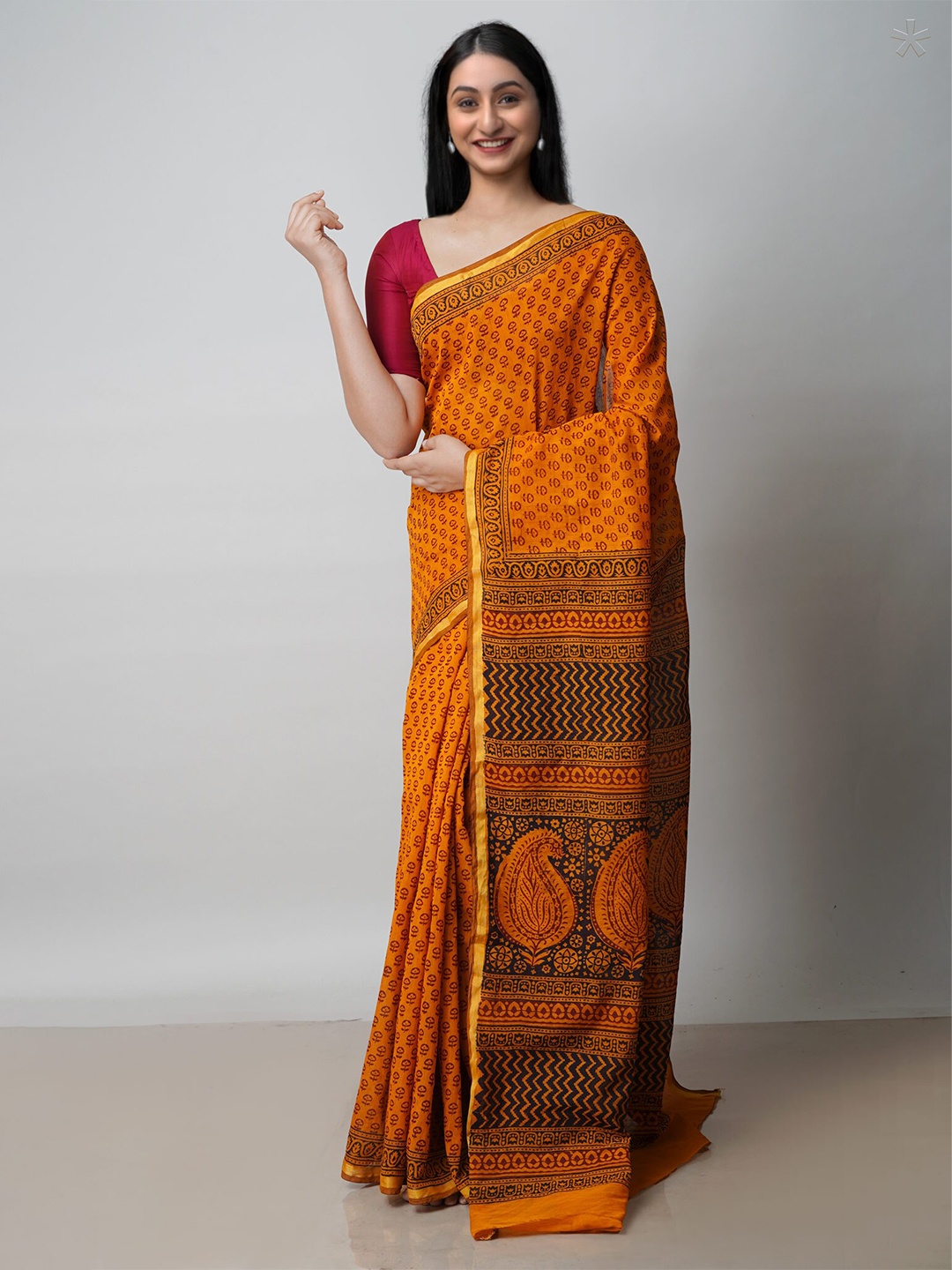 

Unnati Silks Bagh Printed Zari Chanderi Cotton Saree, Yellow