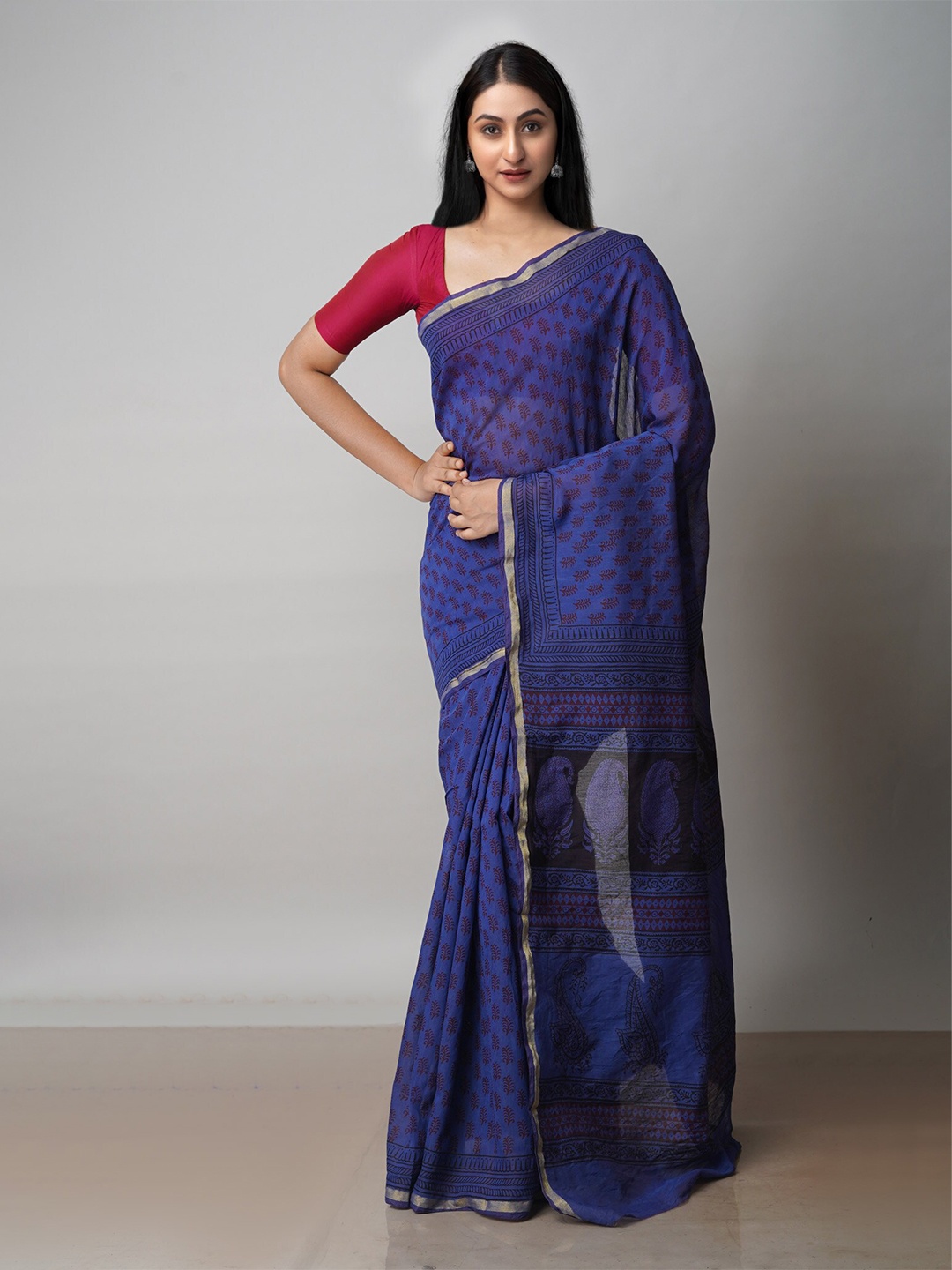 

Unnati Silks Bagh Printed Zari Chanderi Cotton Saree, Blue