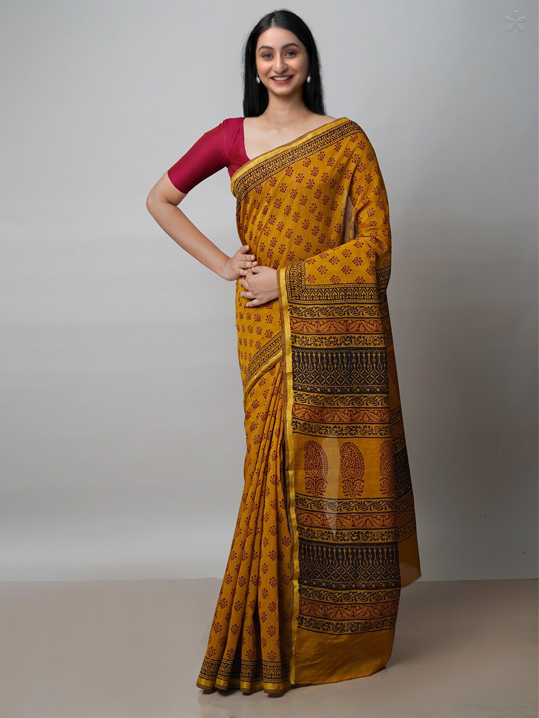 

Unnati Silks Bagh Printed Zari Chanderi Cotton Saree, Orange
