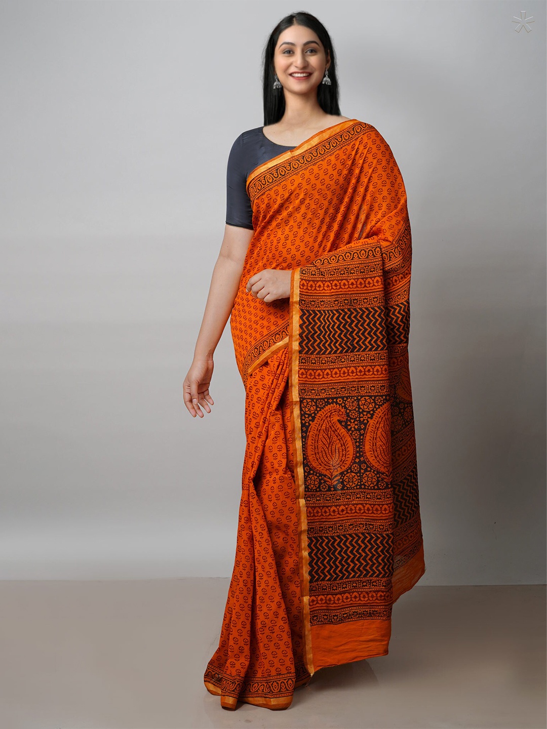 

Unnati Silks Bagh Printed Zari Chanderi Cotton Saree, Orange