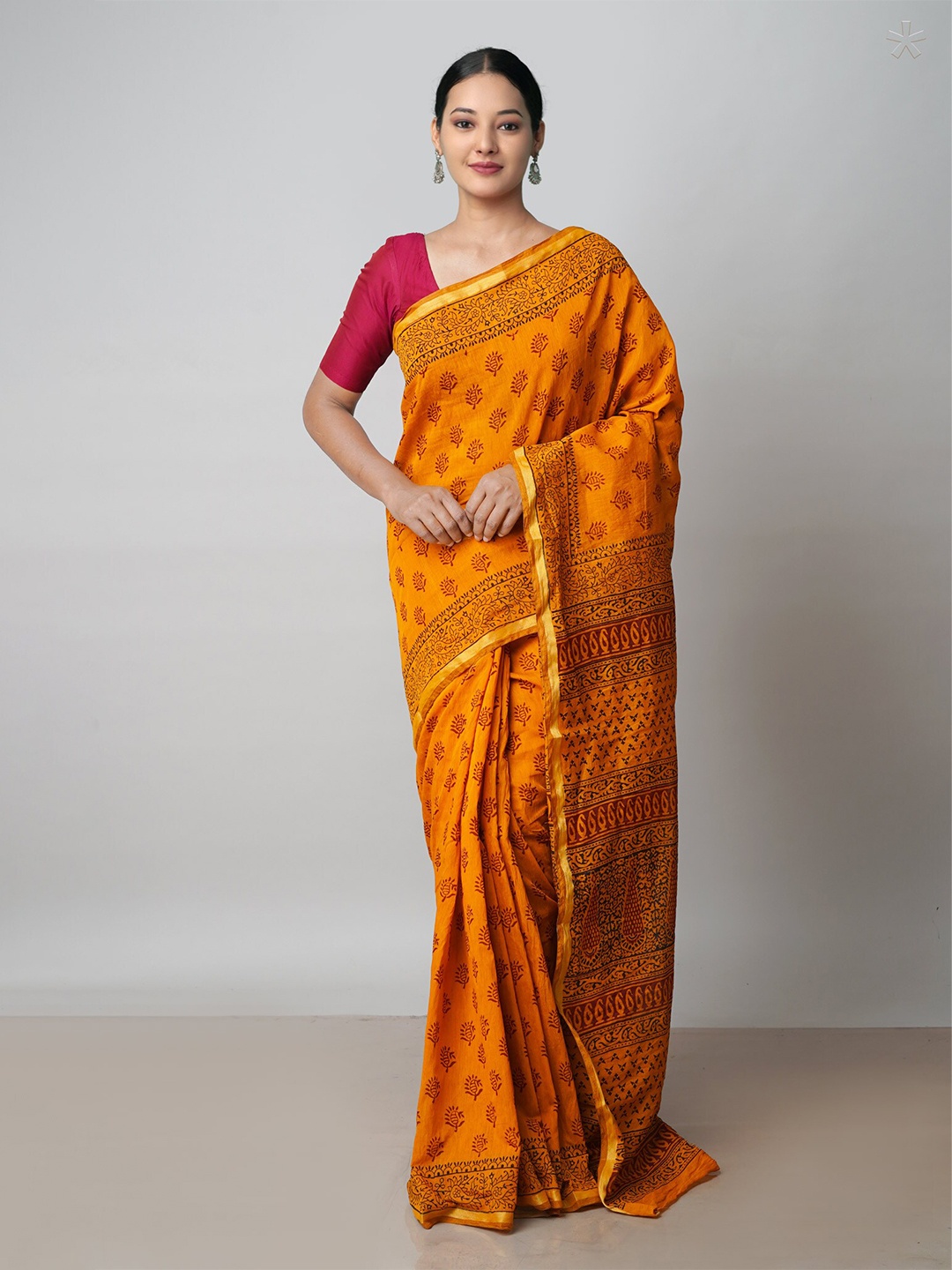 

Unnati Silks Bagh Printed Zari Chanderi Cotton Saree, Yellow