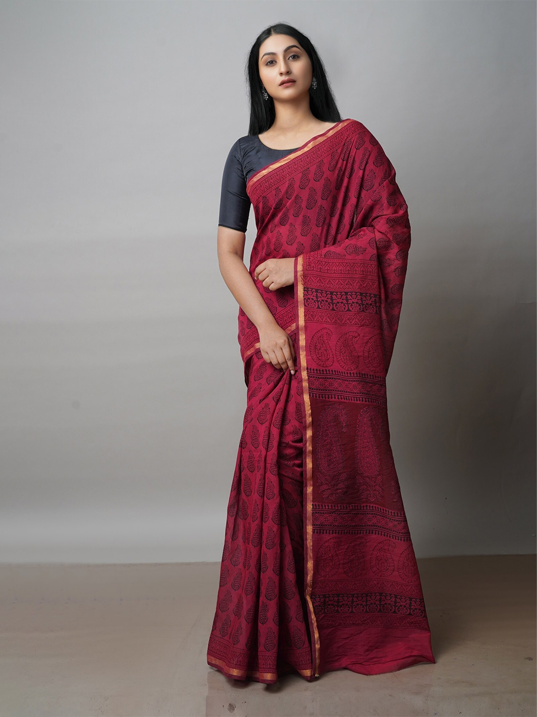 

Unnati Silks Bagh Printed Zari Chanderi Cotton Saree, Red