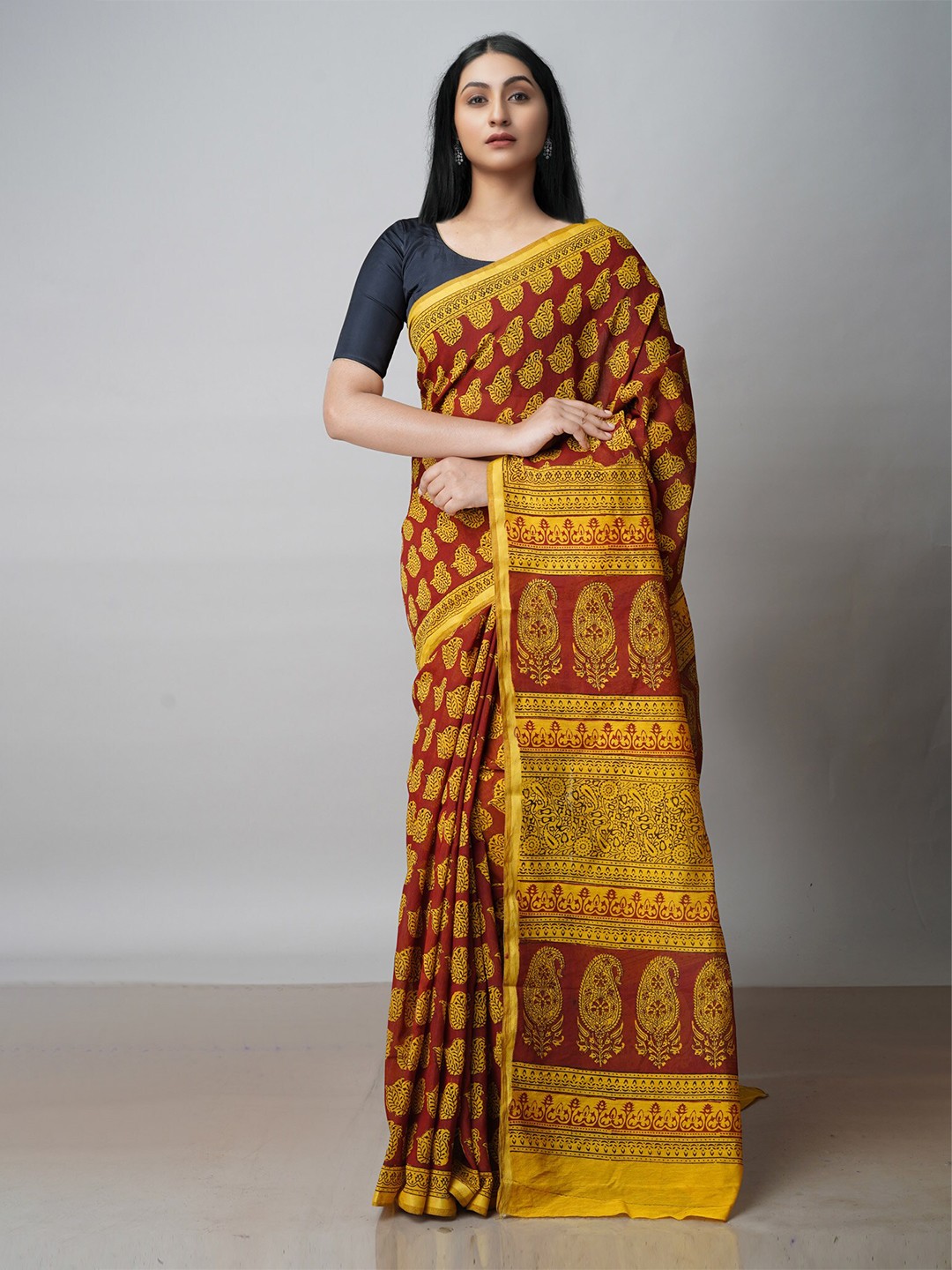 

Unnati Silks Bagh Printed Zari Chanderi Cotton Saree, Red
