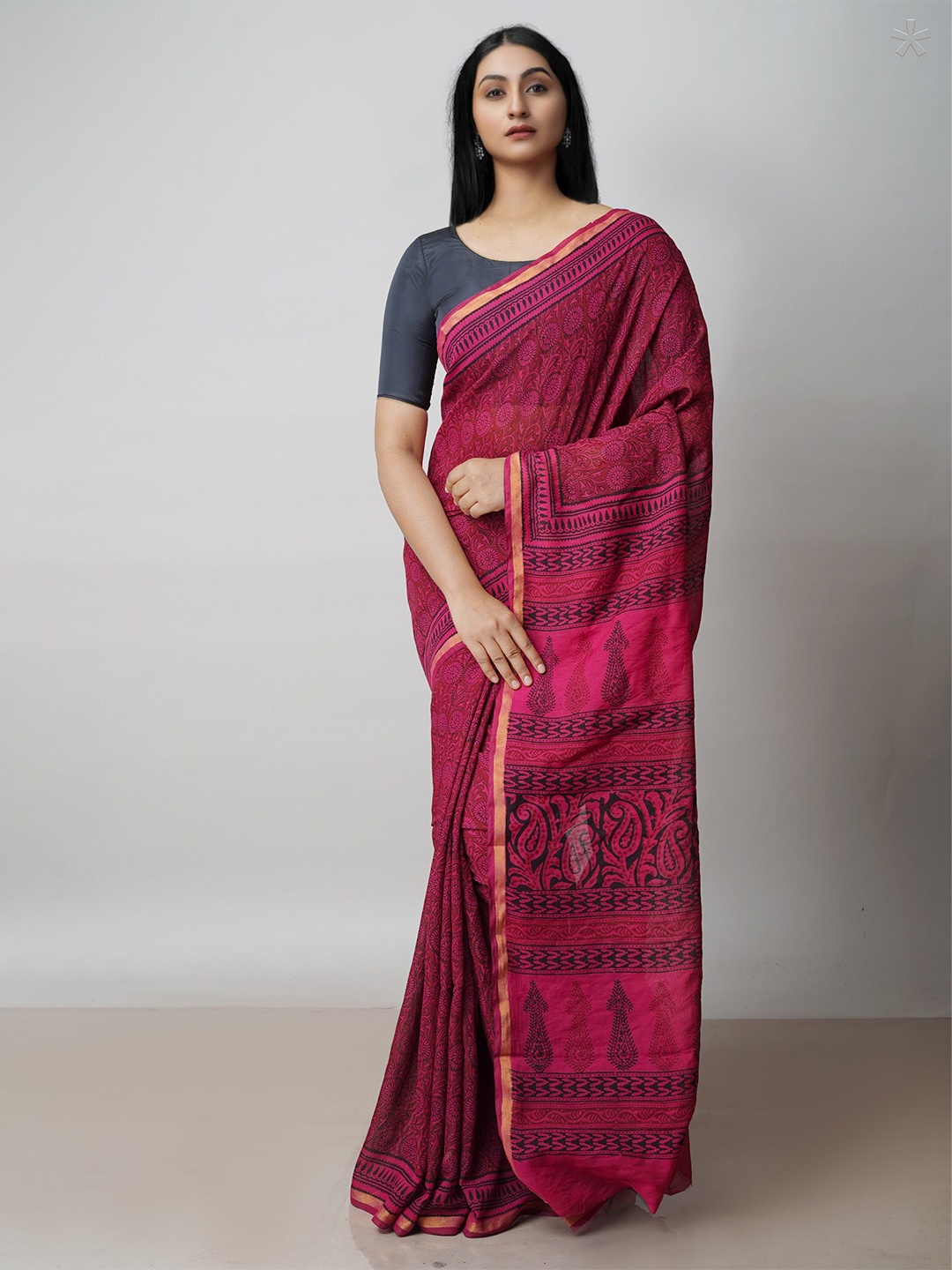 

Unnati Silks Bagh Printed Zari Chanderi Cotton Saree, Red
