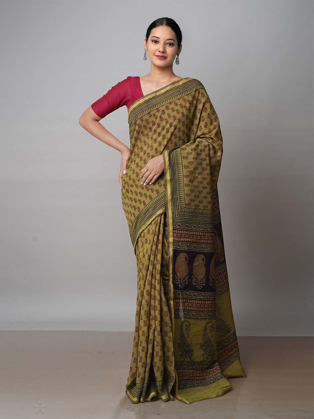 

Unnati Silks Bagh Printed Zari Chanderi Cotton Saree, Green