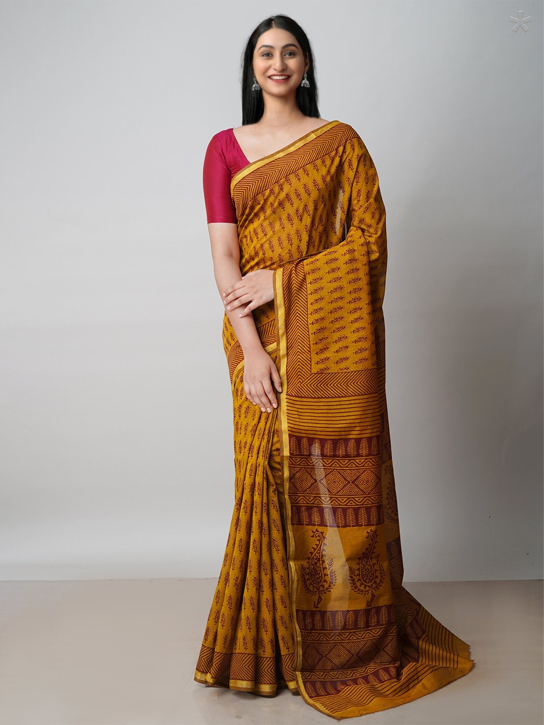 

Unnati Silks Bagh Printed Zari Chanderi Cotton Saree, Mustard