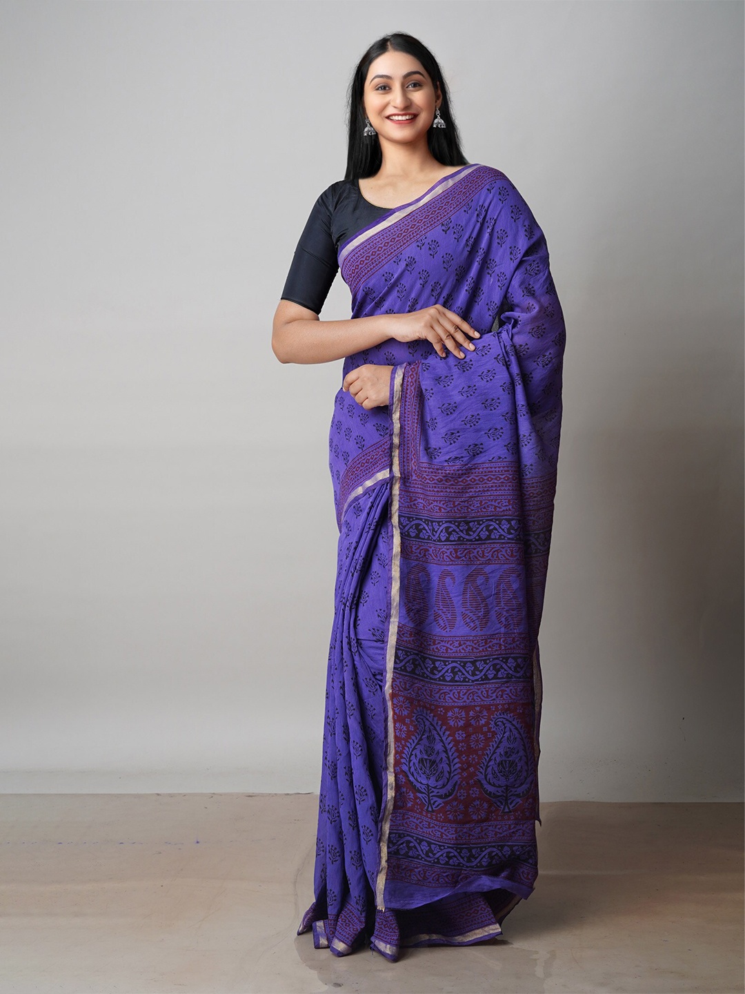 

Unnati Silks Bagh Printed Zari Chanderi Cotton Saree, Violet