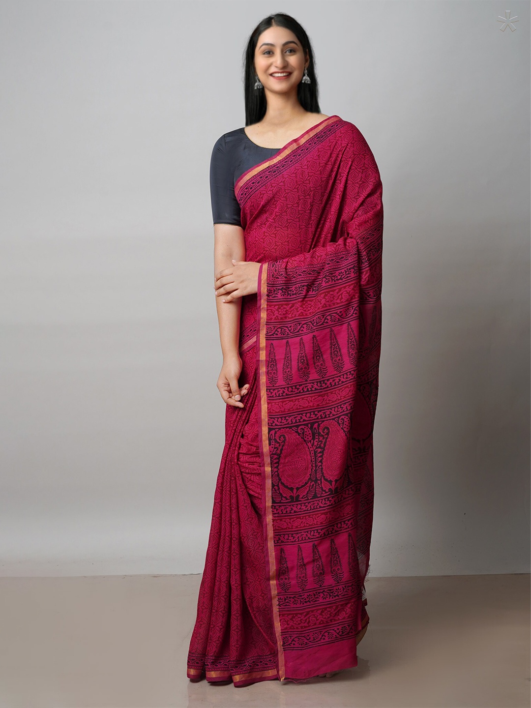 

Unnati Silks Bagh Printed Zari Chanderi Cotton Saree, Pink