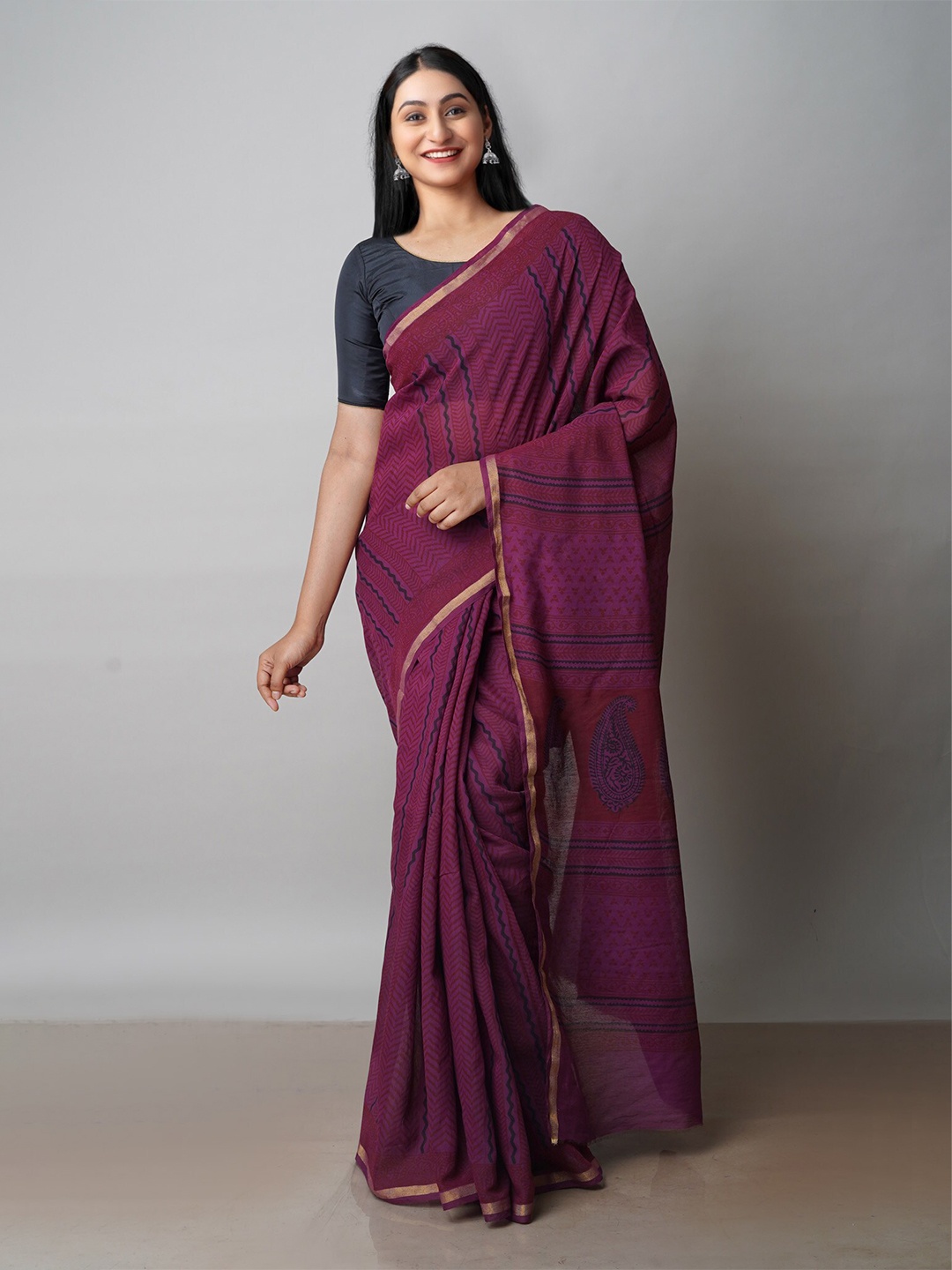 

Unnati Silks Bagh Printed Zari Chanderi Cotton Saree, Purple
