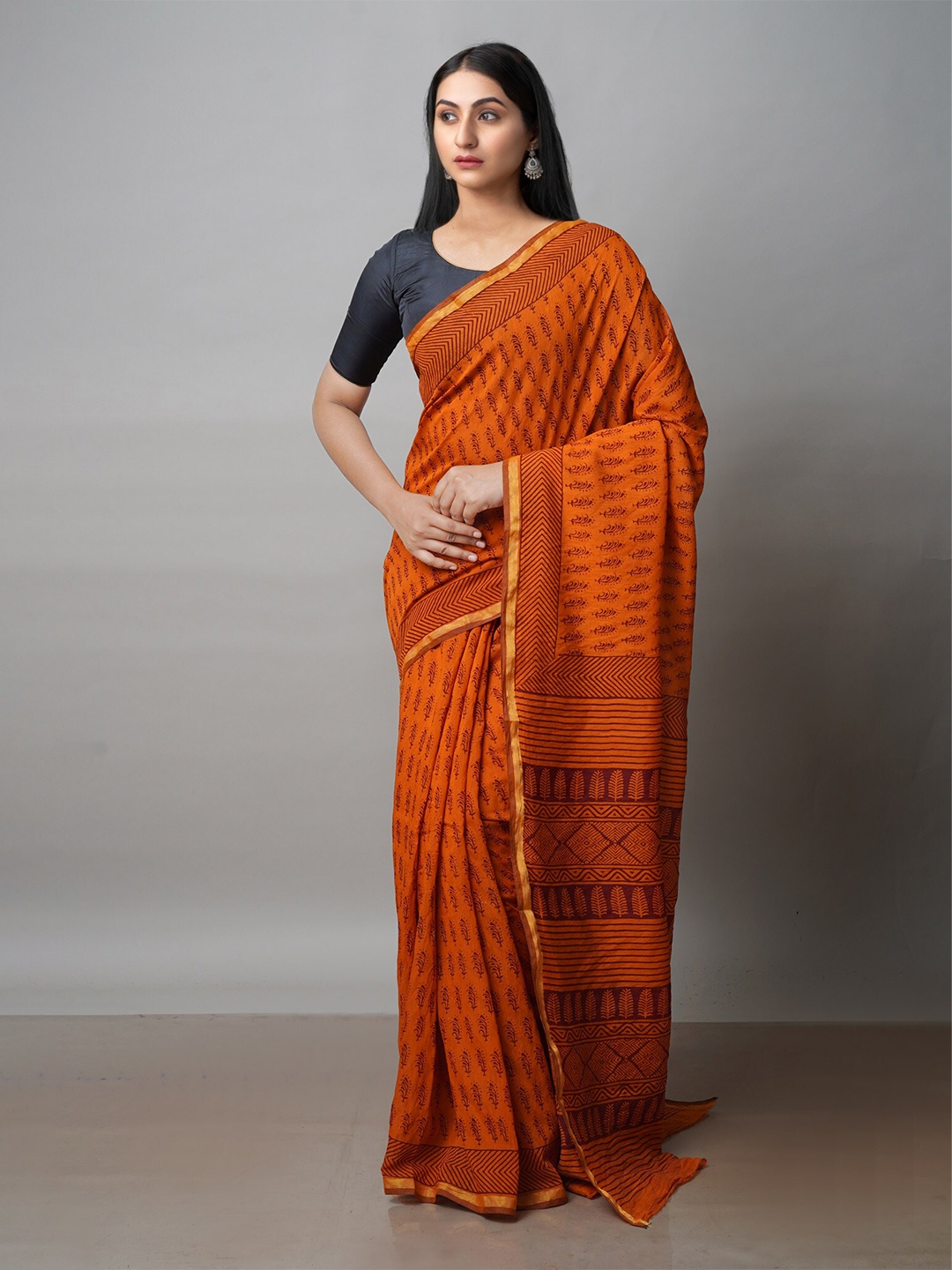 

Unnati Silks Bagh Printed Zari Chanderi Cotton Saree, Rust