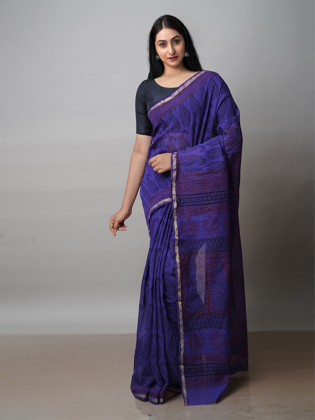 

Unnati Silks Bagh Printed Zari Chanderi Cotton Saree, Violet