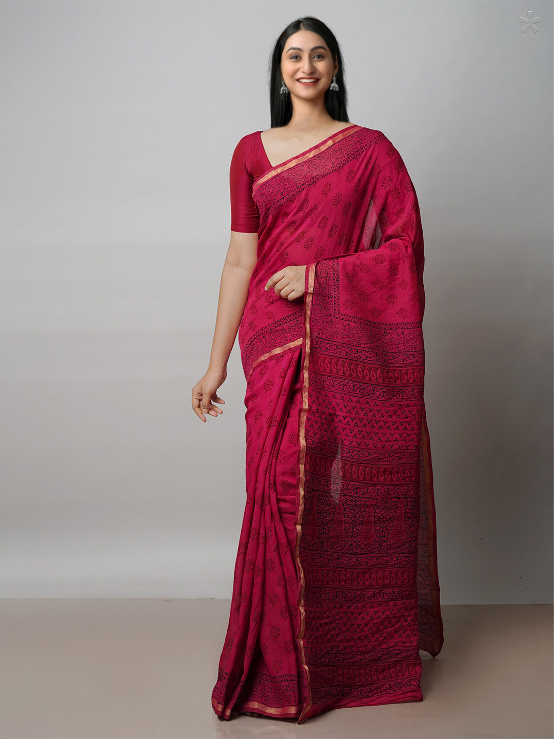 

Unnati Silks Bagh Printed Zari Chanderi Cotton Saree, Red