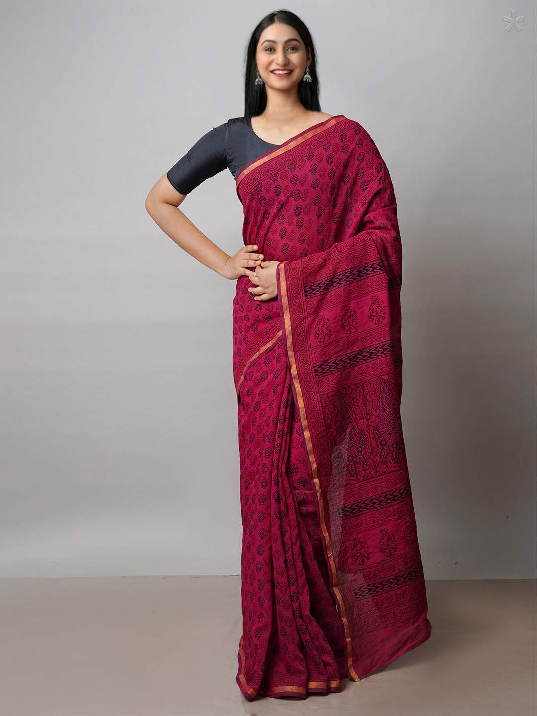 

Unnati Silks Bagh Printed Zari Chanderi Cotton Saree, Red