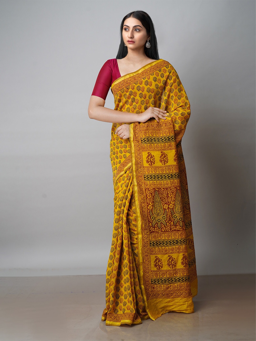 

Unnati Silks Bagh Printed Zari Chanderi Cotton Saree, Mustard