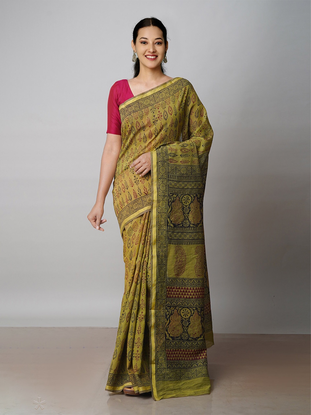 

Unnati Silks Bagh Printed Zari Chanderi Cotton Saree, Green