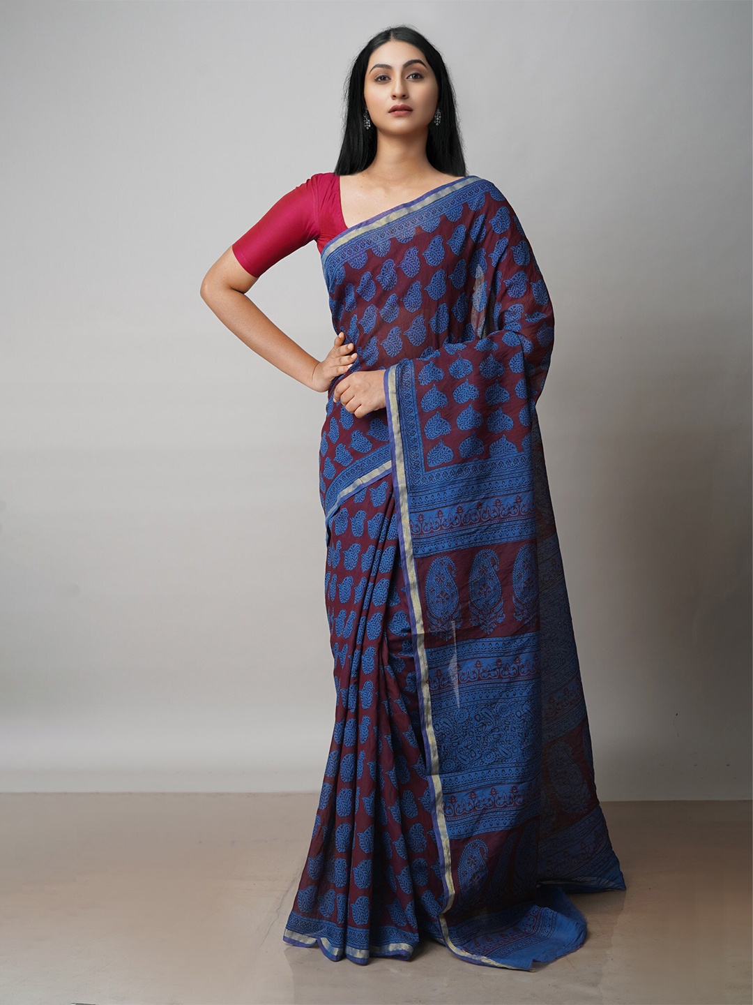 

Unnati Silks Bagh Printed Zari Chanderi Cotton Saree, Red