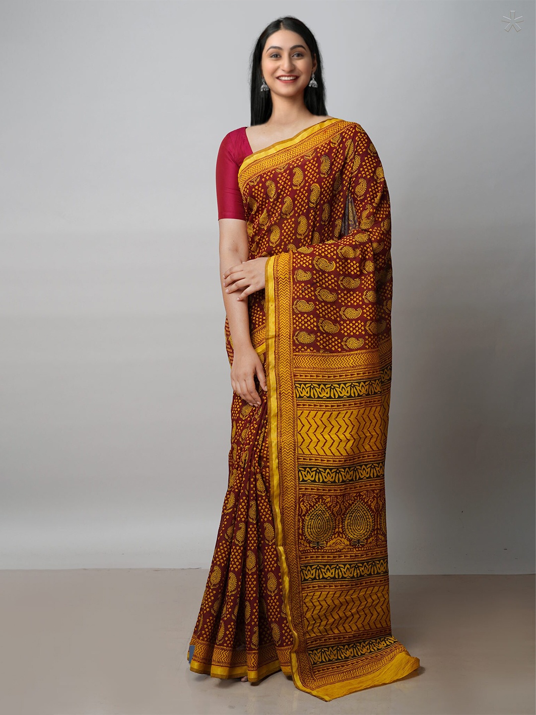 

Unnati Silks Bagh Printed Zari Chanderi Cotton Saree, Red