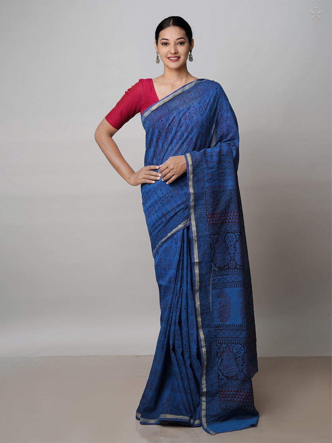 

Unnati Silks Bagh Printed Zari Chanderi Cotton Saree, Blue