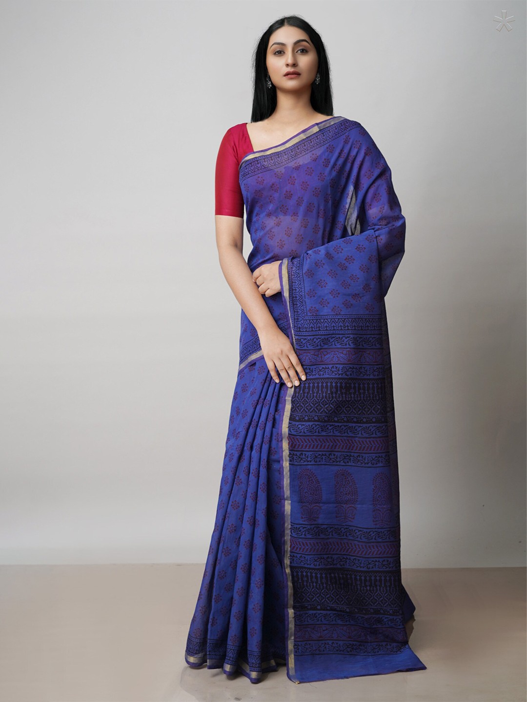 

Unnati Silks Bagh Printed Zari Chanderi Cotton Saree, Blue