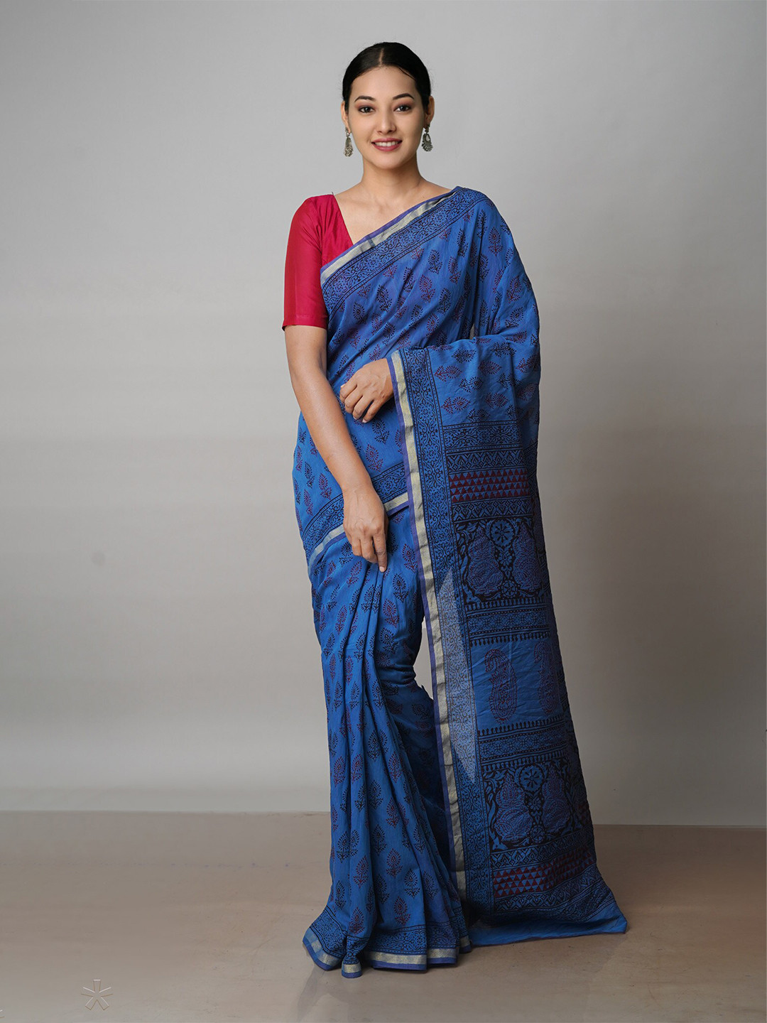 

Unnati Silks Bagh Printed Zari Chanderi Cotton Saree, Blue