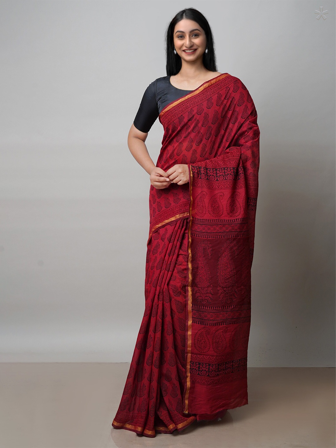

Unnati Silks Bagh Printed Zari Chanderi Cotton Saree, Red