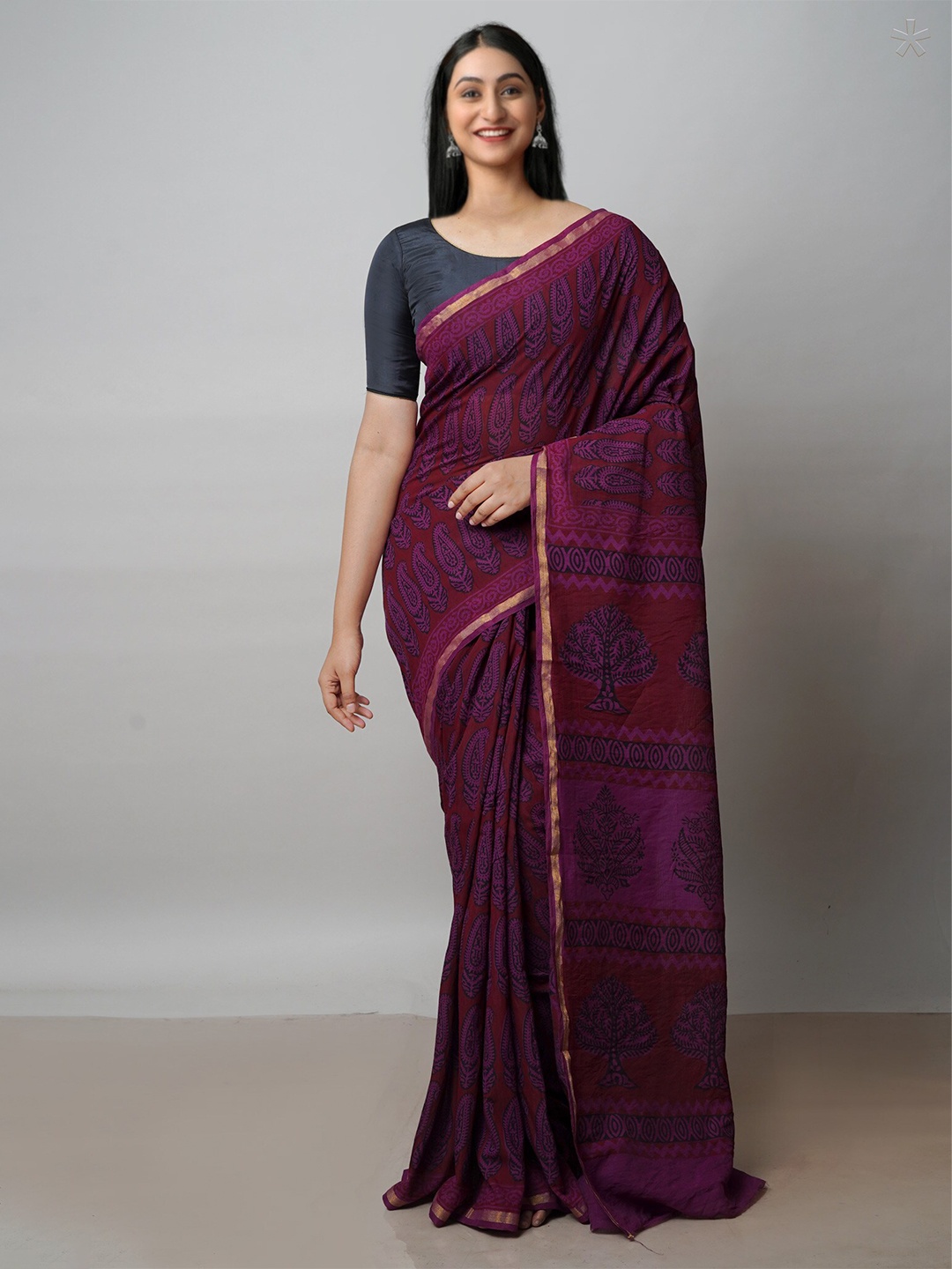 

Unnati Silks Bagh Printed Zari Chanderi Cotton Saree, Red