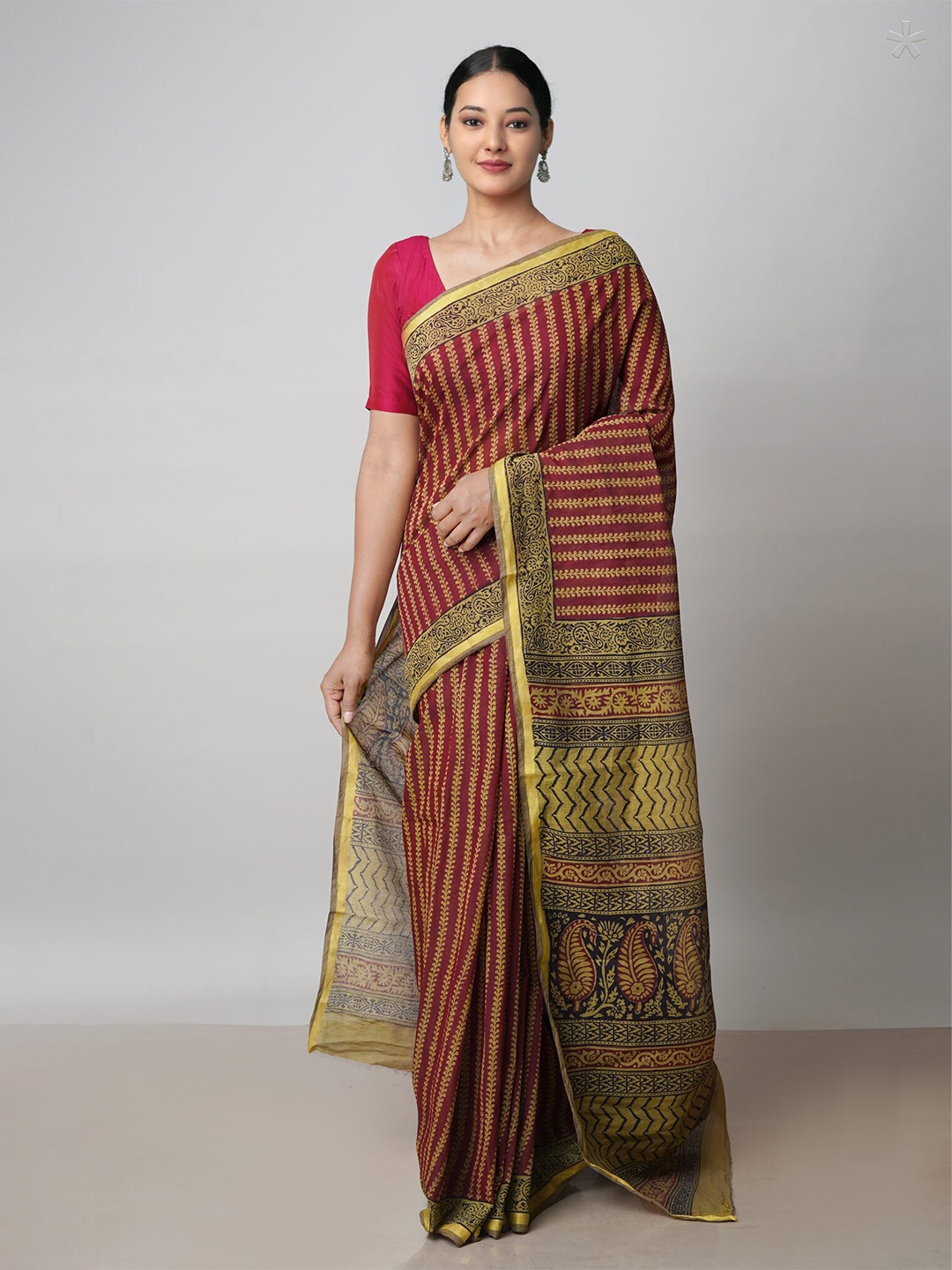 

Unnati Silks Bagh Printed Zari Chanderi Cotton Saree, Red