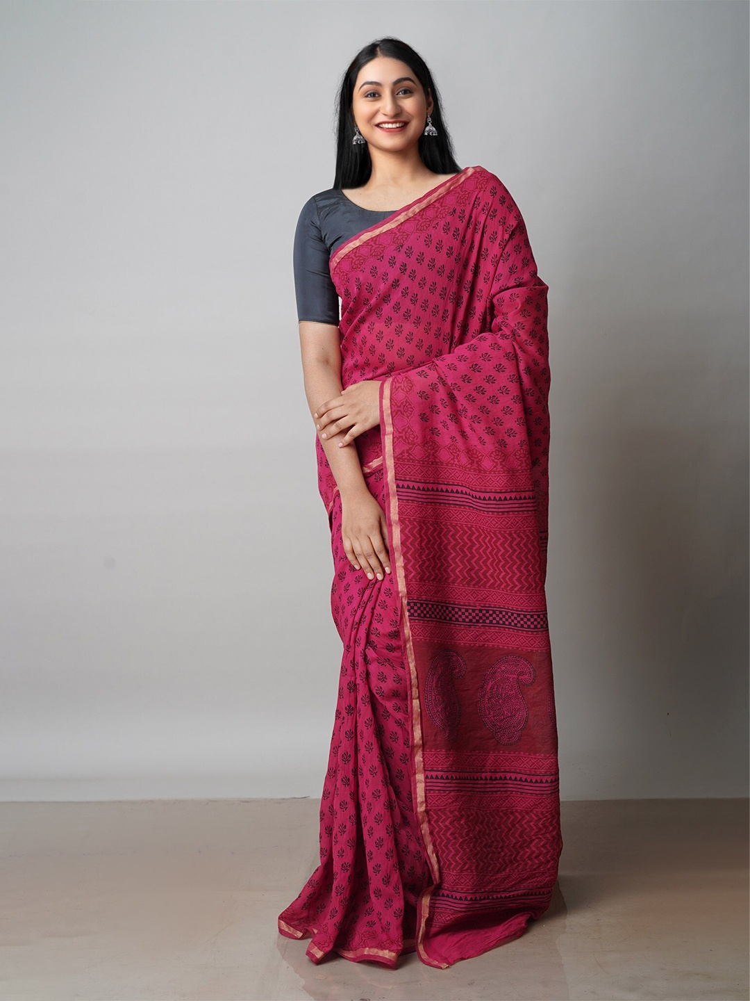 

Unnati Silks Bagh Printed Zari Chanderi Cotton Saree, Red