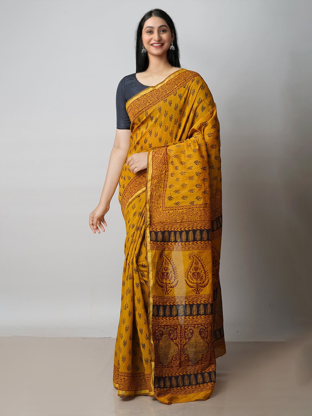 

Unnati Silks Bagh Printed Zari Chanderi Cotton Saree, Mustard