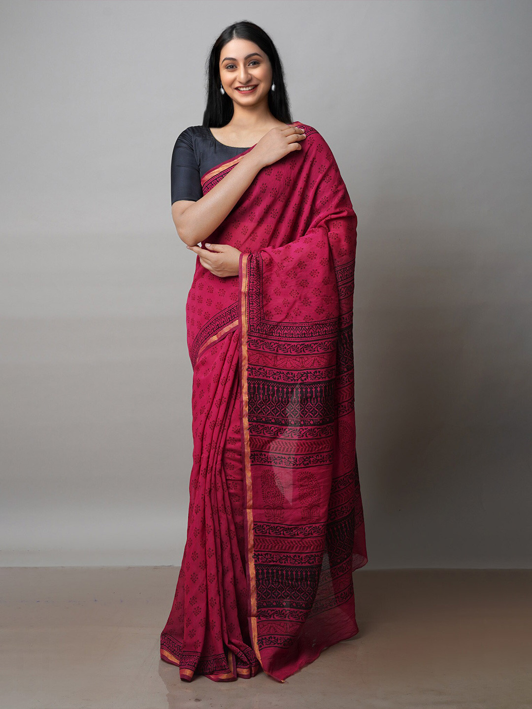 

Unnati Silks Bagh Printed Zari Chanderi Cotton Saree, Pink