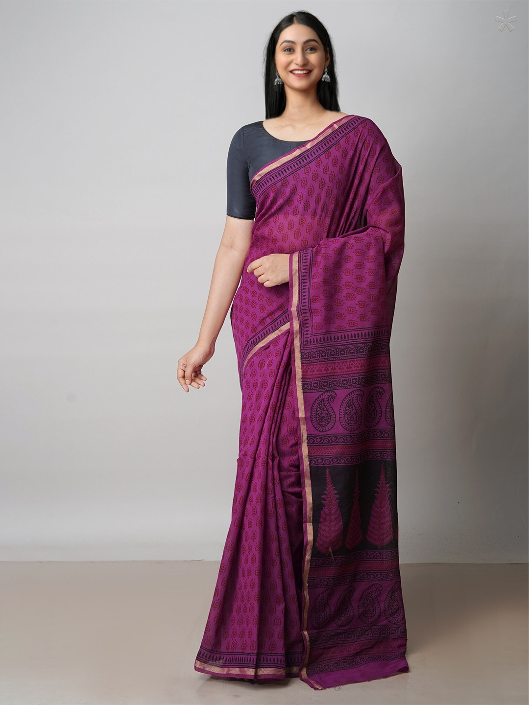 

Unnati Silks Bagh Printed Zari Chanderi Cotton Saree, Purple