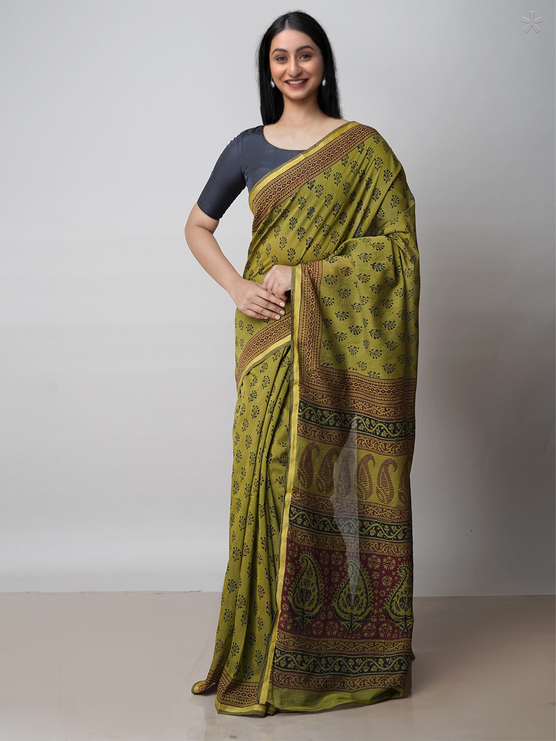 

Unnati Silks Bagh Printed Zari Chanderi Cotton Saree, Green