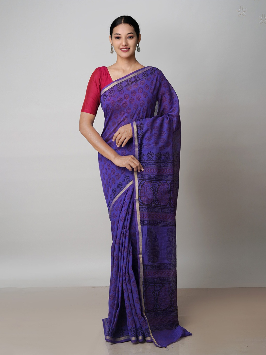 

Unnati Silks Bagh Printed Zari Chanderi Cotton Saree, Violet