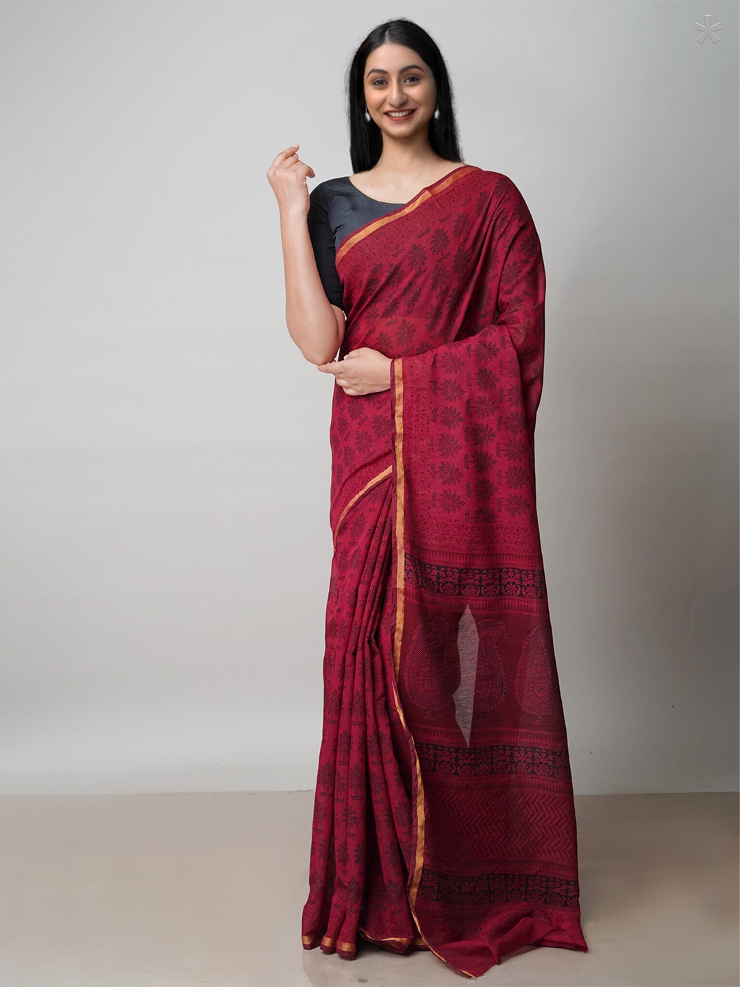 

Unnati Silks Bagh Printed Zari Chanderi Cotton Saree, Red