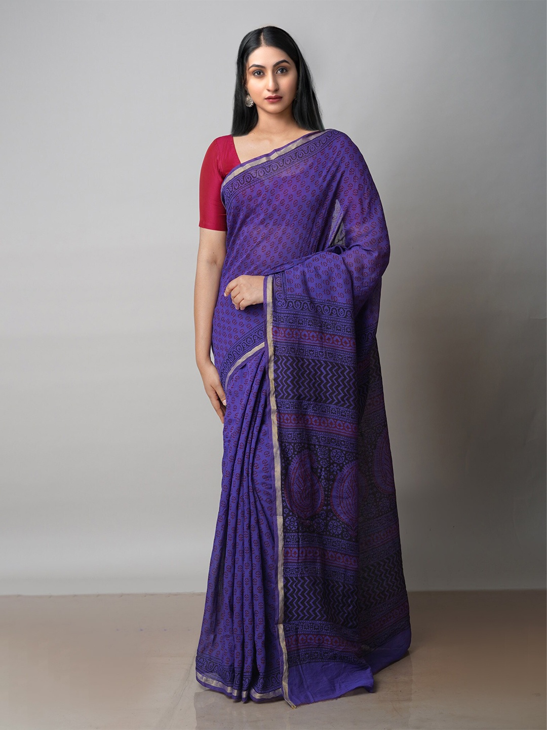

Unnati Silks Bagh Printed Zari Chanderi Cotton Saree, Violet