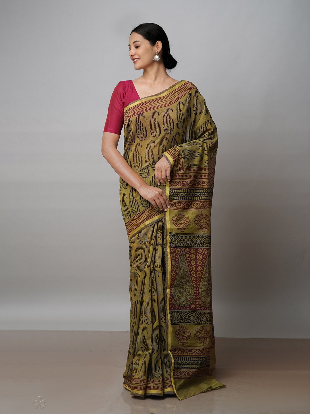

Unnati Silks Bagh Printed Zari Chanderi Cotton Saree, Green