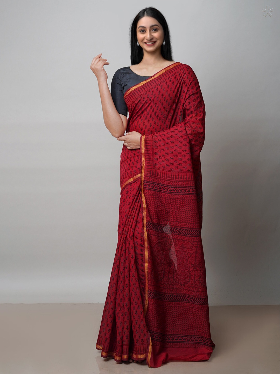 

Unnati Silks Bagh Printed Zari Chanderi Cotton Saree, Red