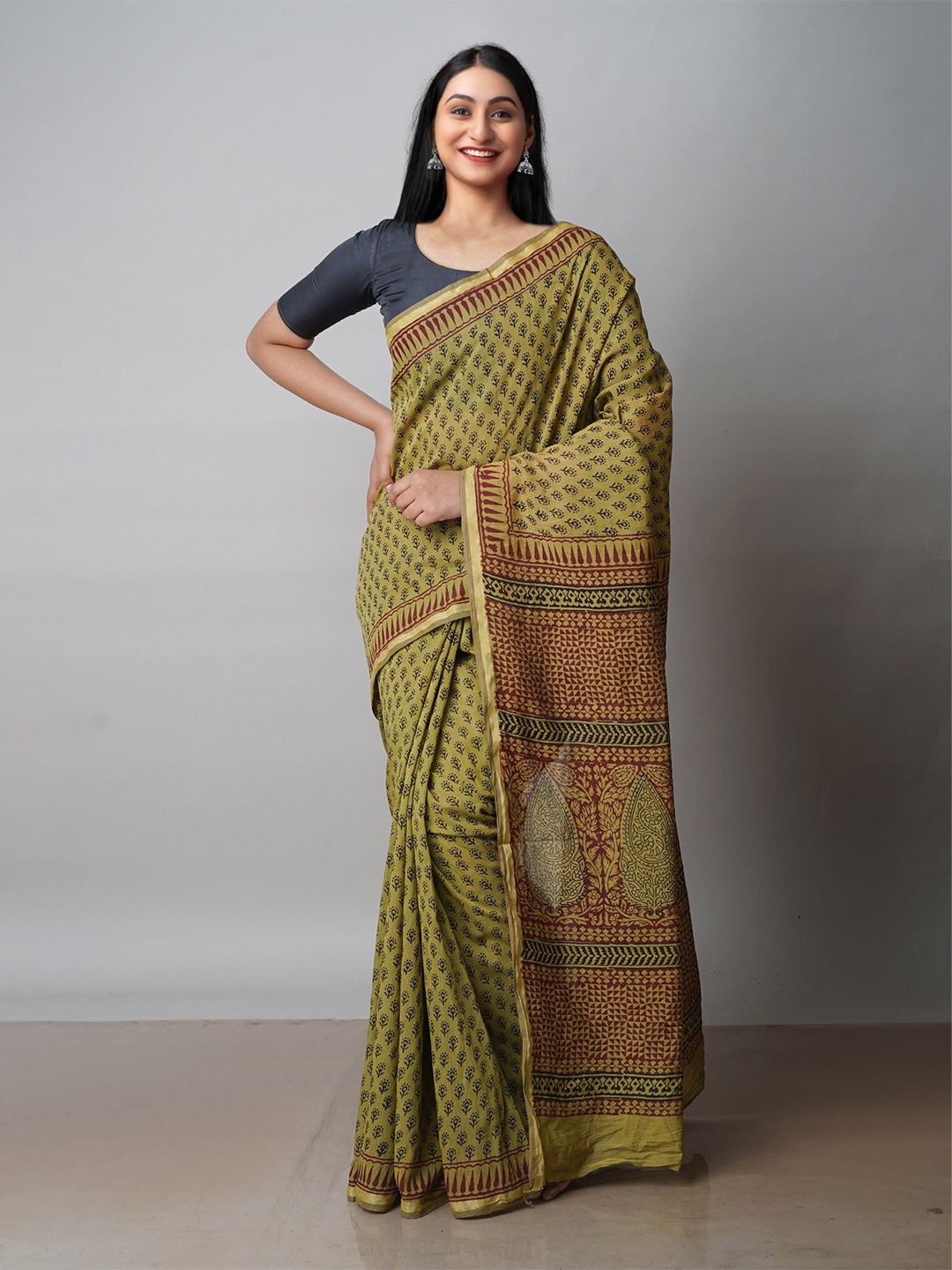 

Unnati Silks Bagh Printed Zari Chanderi Cotton Saree, Green